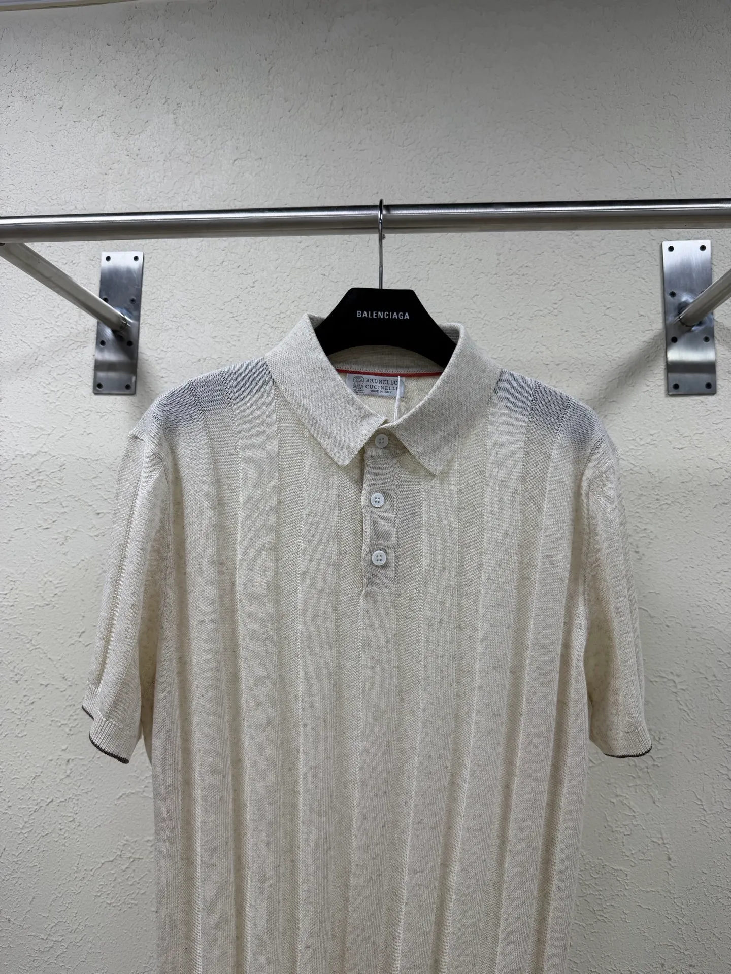 Branello Cuainelli cotton and linen blend ribbed pit-knit button-down POLO shirt Size: S M L XL